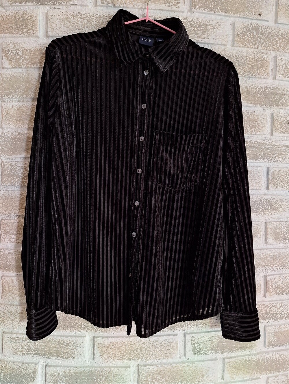 Black Velvet and Sheer Pinstripe Goth Oversized Button Down Collar Shirt - GAP S